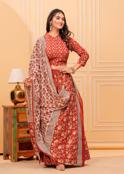 Festive Fusion Blockprinted Scarlet Red Lehanga Choli Set