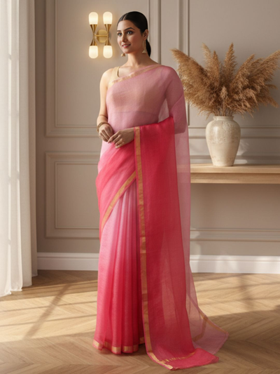 Deep Blush Pink Pure Silk Kota Doria Handdyed Saree