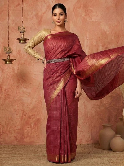Ishvani Handdyed Kota Silk Checks Saree Red
