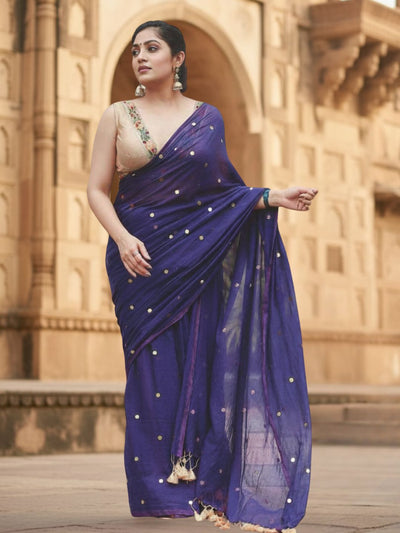 Gini Baani Pure Mul Cotton Sequin Navy Blue Saree