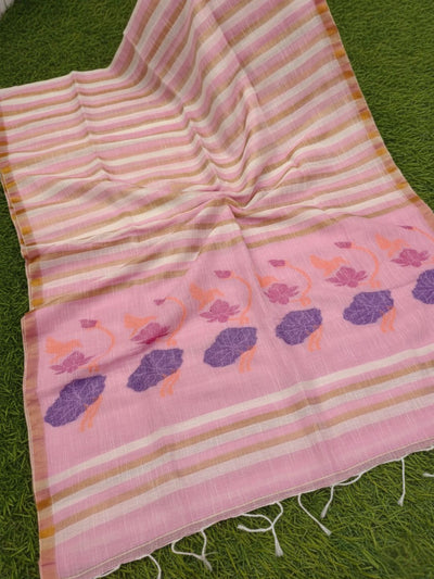 Neerja Pure Linen Hand Weaving Saree Pink