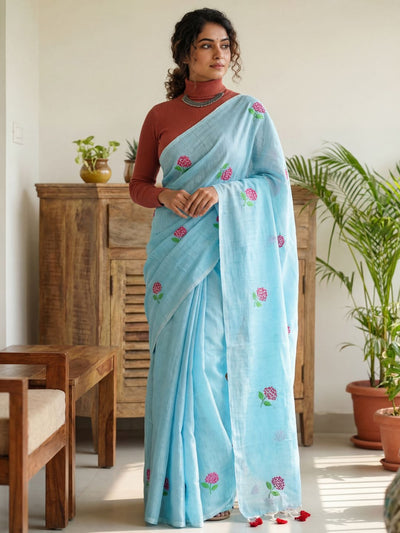 Hawa Hawai Half Embroidery Pure Cotton Saree Sky Blue