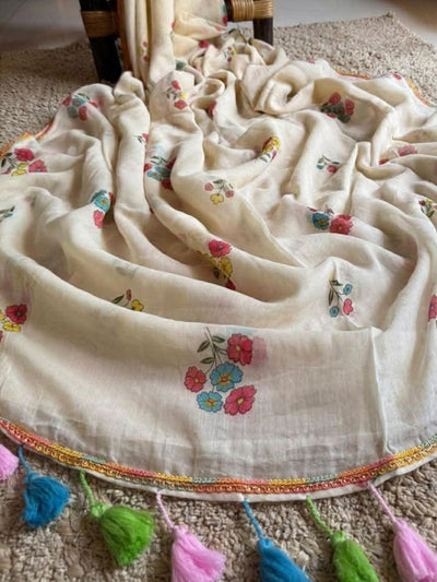 Hawa Hawai Pure Mul Cotton Lace Border Saree Calm White