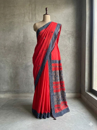 Anvaya Pure Mul Cotton Ajrakh Saree Crimson Red