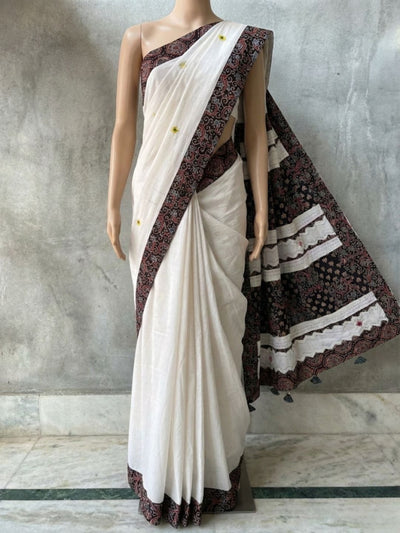 Anvaya Pure Mul Cotton Ajrakh Saree Soft White