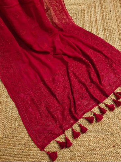 Hawa Hawai Chikankari Pure Mul Cotton Saree Dark Red