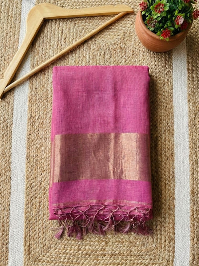 Iraaya Pure Handloom Jayashree Silk Linen Saree Deep Pink