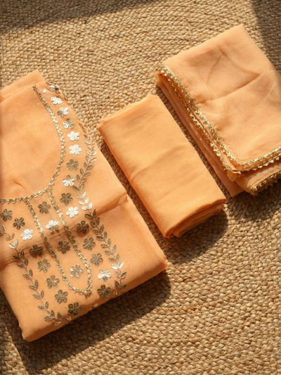Gulnaar Organza Silk Gota Patti Suit (T+B+D) Set Light Orange
