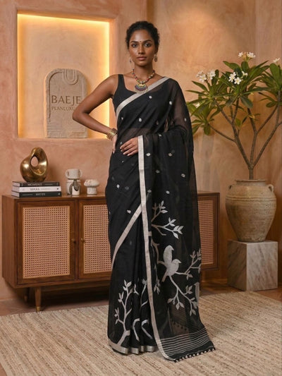Varnika Pure Mul Cotton Saree Raven Black