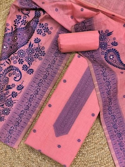 Rooprekha Cotton Jamdani Suit (T+B+D) Candy Pink
