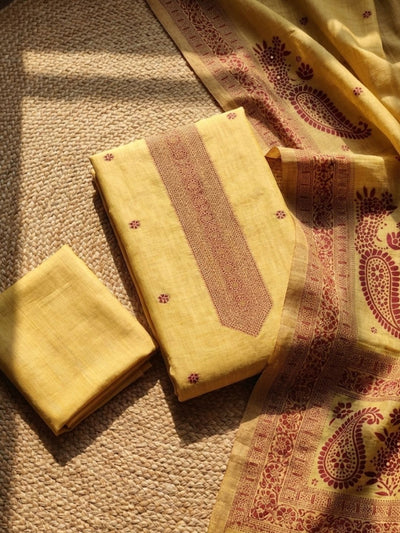 Rooprekha Cotton Jamdani Suit (T+B+D) Mustard Yellow