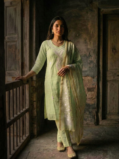 Dhaaga Darbar Kota Doria Stitched Suit Green