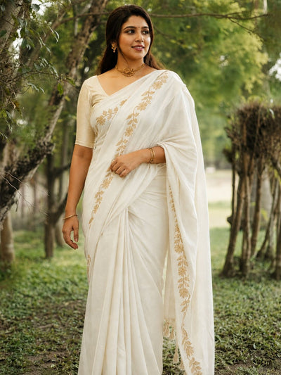 Zivanya Pure Handloom Mul Cotton Saree Ivory White