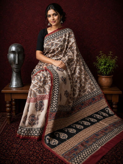 Kalamkari Vaibhav Chanderi Silk Saree Cork Beige