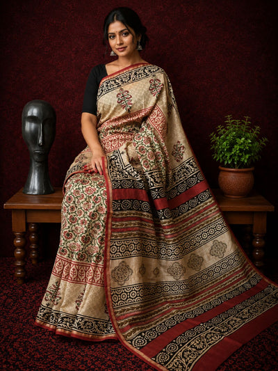 Kalamkari Vaibhav Chanderi Silk Saree Pale Beige