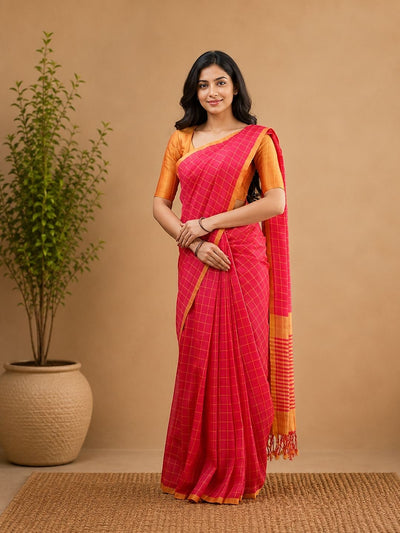 Vasudha Khadi Cotton Handloom Saree Bright Red