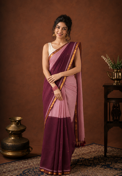 Aarohi Pure Handloom Mul Cotton Sequin Saree Burgundy & Mauve
