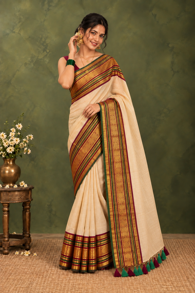 Rajsi Rang Mul Cotton Kanchi Border Saree Beige