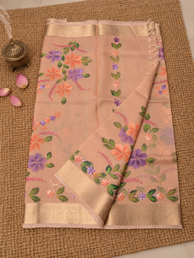 Rangini Kota Doria Semi Silk Hand-Painted Saree Soft Peach