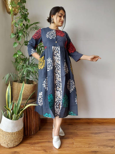 Evocative Blockprinted Cotton Blue Long Dress