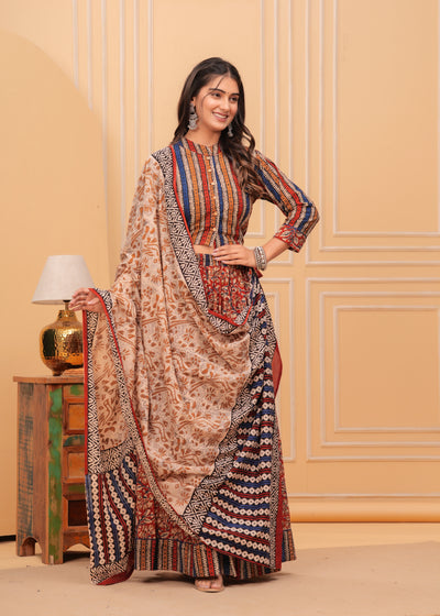 Festive Fusion Blockprinted Red & Beige Lehanga Choli Set