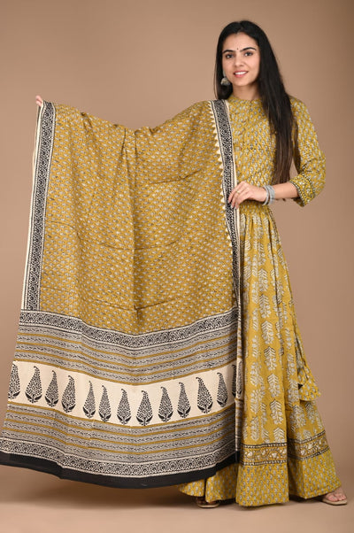Dreamy Blockprinted Stitched Cotton Yellow Lehanga Choli Set