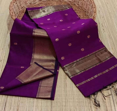 Royal Purple Pure Handloom Maheshwari Silk Saree, Wide Geometric Gold Border | Phulwari