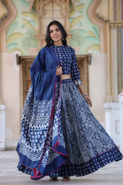 Blockprinted Stitched Cotton Indigo Blue Lehanga Choli Set