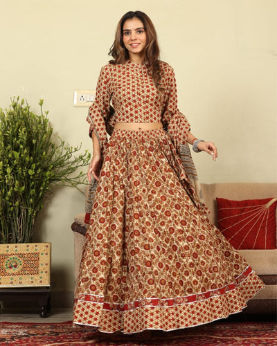 Quaint Blockprinted Cotton Beige & Orange Lehanga Choli Set