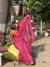 Kota Doria Pure Silk Pink Saree Hand Dyed with Blouse-Indiehaat