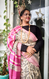 Silkmark Tussar Ethereal Blockprint Beige & Pink Saree