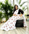 Azureish Slub Linen Saree White Handblock Print