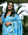 Pure Kota Linen Saree Monsoon Blue Color Embroidered with running blouse-Indiehaat