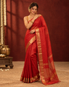 Indiehaat | Pure Maheshwari Silk Saree Red Zari Checks