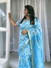 Pure Kota Linen Saree Monsoon Blue Color Embroidered with running blouse-Indiehaat