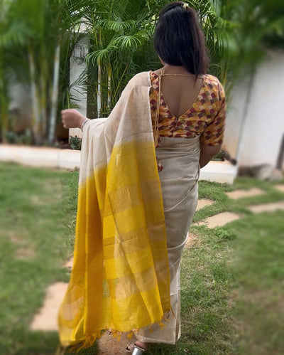 Handloom Kota Silk Saree Beige Color with Yellow Pallu and Yellow Blouse-Indiehaat