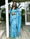 Pure Kota Linen Saree Monsoon Blue Color Embroidered with running blouse-Indiehaat