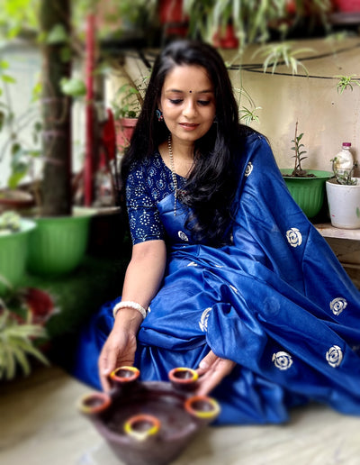 Silkmark Decorous Eri Tussar Silk Embroidered Blue Saree