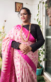 Silkmark Tussar Ethereal Blockprint Biege & Pink Saree