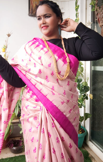 Silkmark Tussar Ethereal Blockprint Biege & Pink Saree