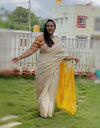 Handloom Kota Silk Saree Beige Color with Yellow Pallu and Yellow Blouse-Indiehaat