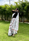 Azureish Slub Linen Saree White Handblock Print