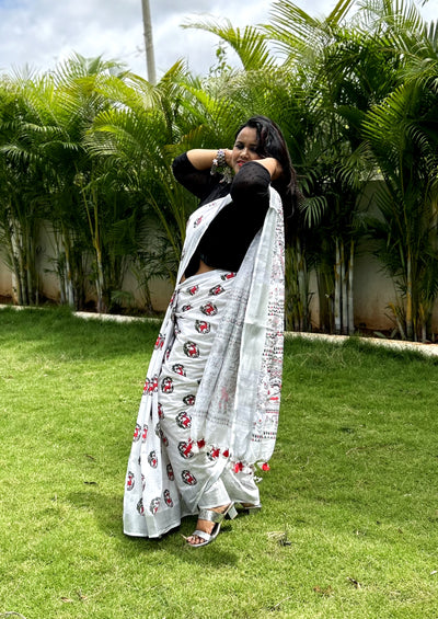 Azureish Slub Linen Saree White Handblock Print