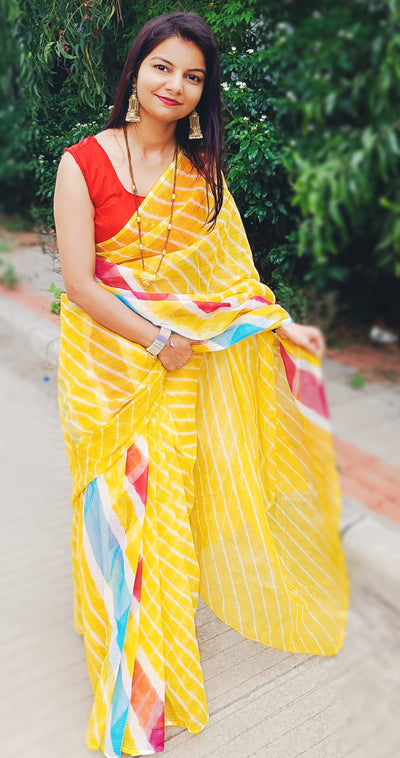 Mustard Cotton Kota Doria Yellow Saree Handcrafted