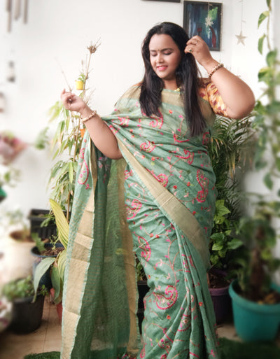 Incandescent Silk Linen Embroidered Green Saree