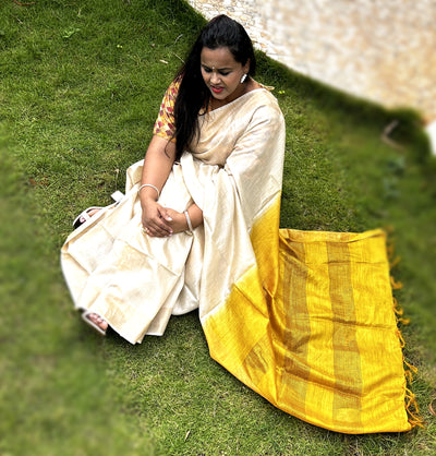 Handloom Kota Silk Saree Beige Color with Yellow Pallu and Yellow Blouse-Indiehaat