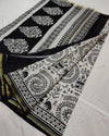 Indiehaat | Blockprint Chanderi Silk Saree in Black & White | Elegant Monochrome Saree