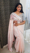 Pure Linen Saree Hand Embroidered Rose Pink color with Running Blouse-Indiehaat