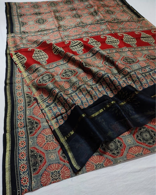 Indiehaat | Chanderi Silk Ajrakh Print Saree Red
