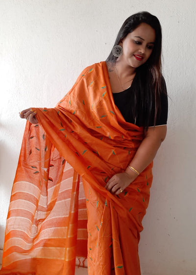 Silkmark Blushing Eri Tussar Silk Embroidered Orange Saree